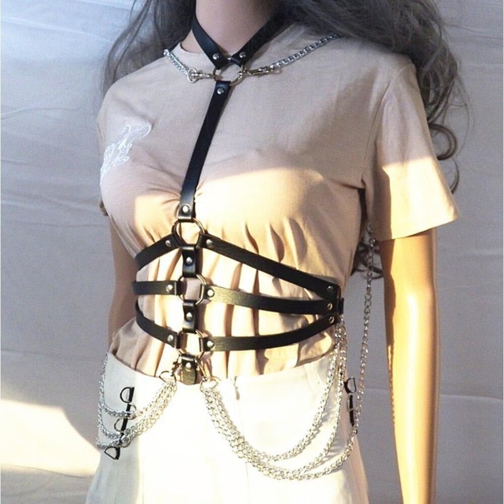 Leather Waist Chain Belt Gothic Rave Body Harness Women Accessories - Picture 2 of 7